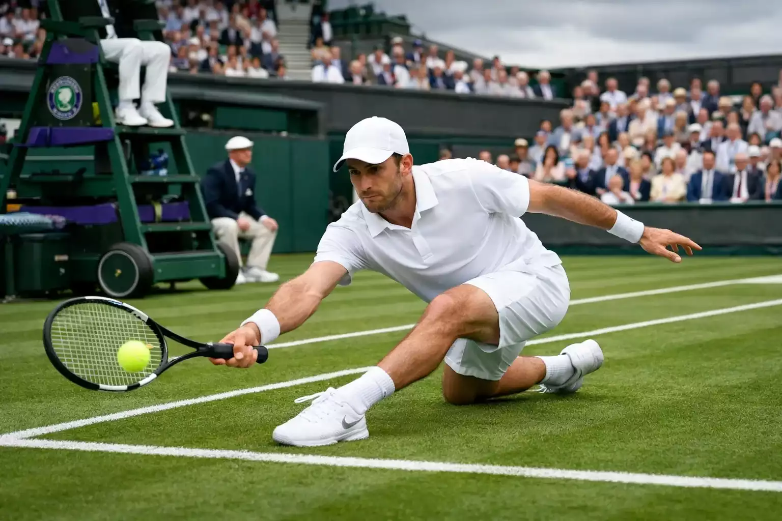 Court de tennis sur gazon de Wimbledon avec joueur en tenue blanche