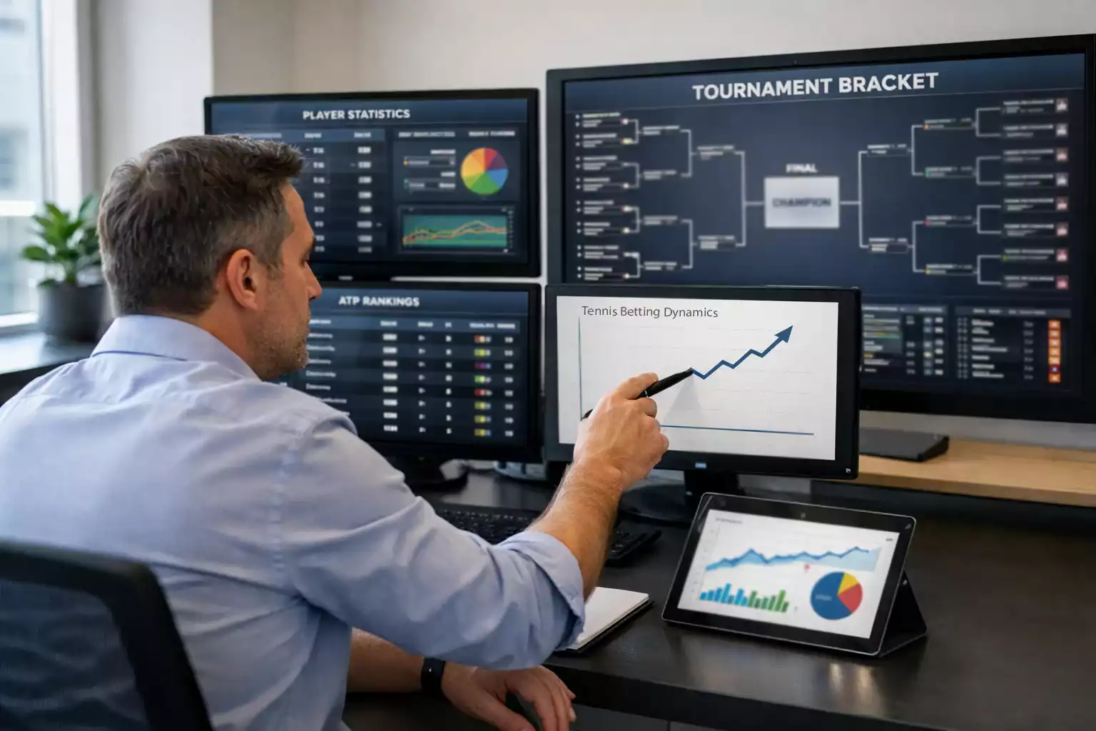 Analyste sportif étudiant des statistiques de tennis sur un écran