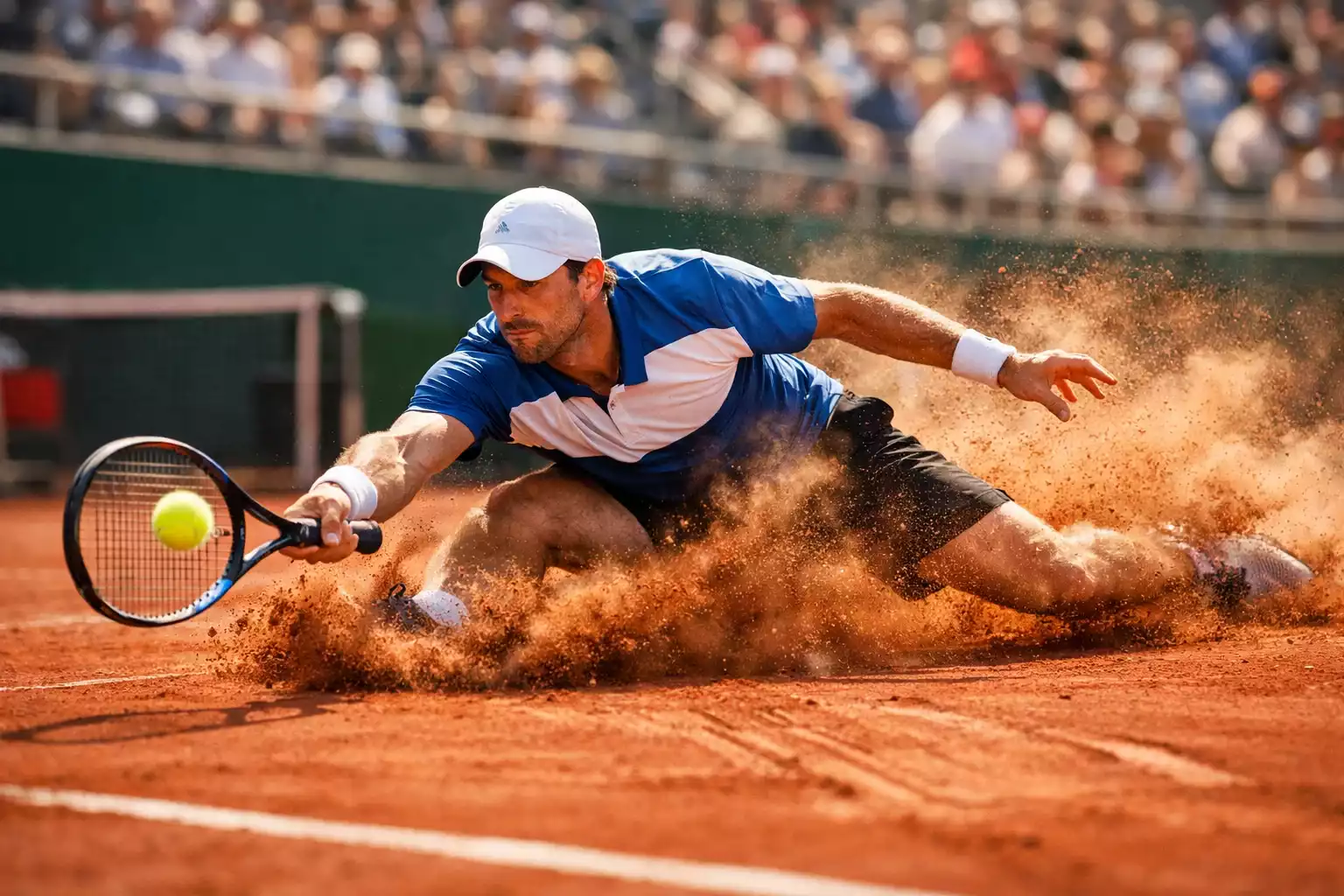 Joueur de tennis glissant sur terre battue avec nuage de poussière rouge