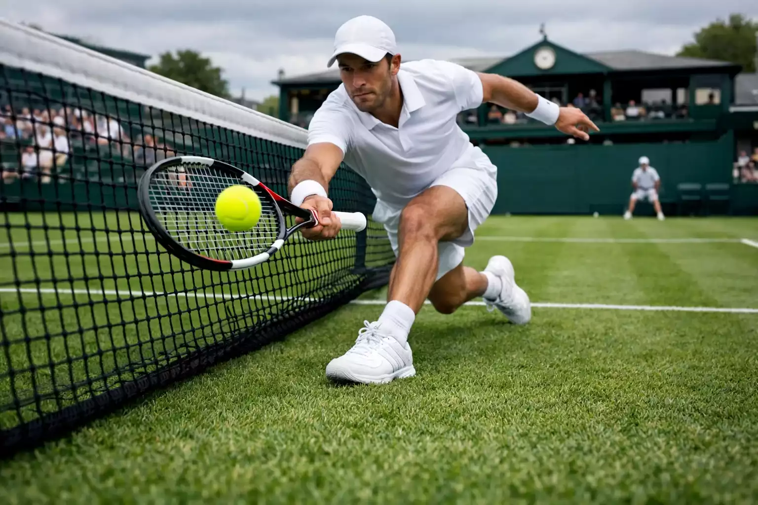 Joueur de tennis effectuant une volée sur court de gazon