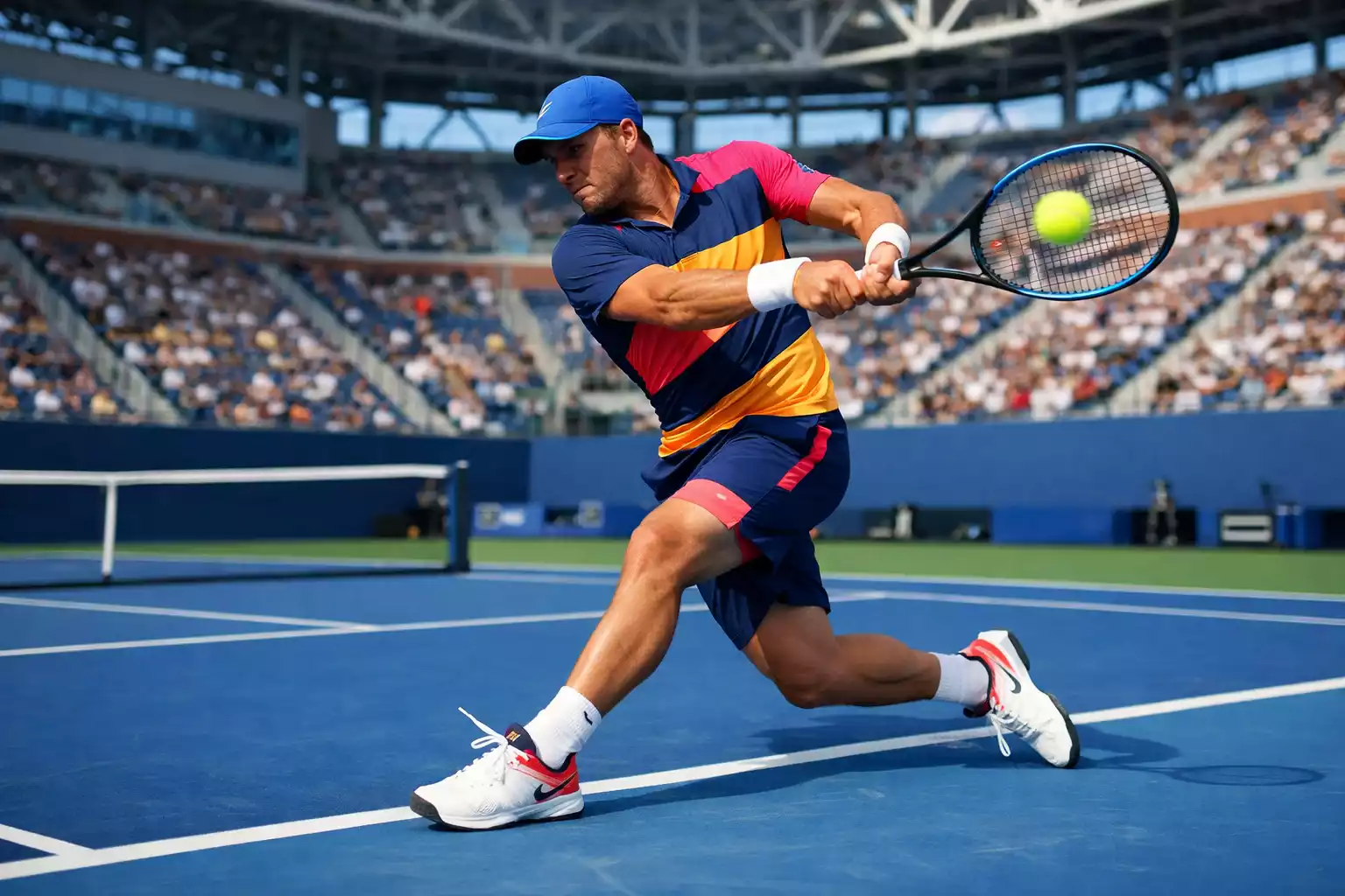 Joueur de tennis frappant un coup droit puissant sur surface dure bleue