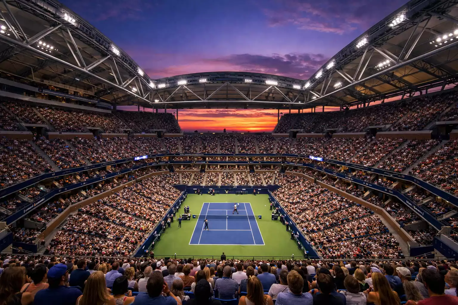 Vue panoramique d'un stade de tennis moderne pendant un match