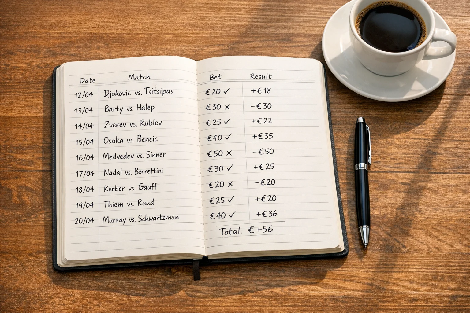 Carnet de notes ouvert avec suivi de paris sportifs et stylo