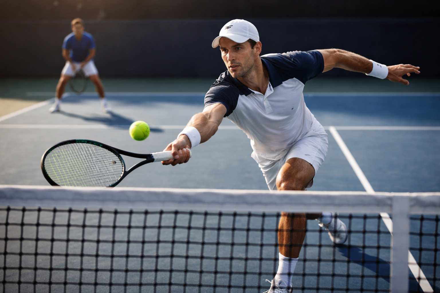 Joueur de tennis dominant un échange au filet sur un court en dur