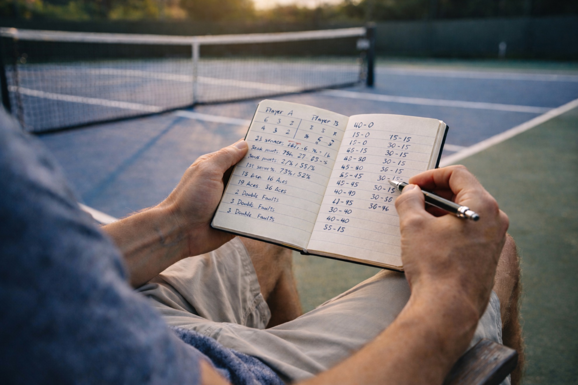 Personne consultant un carnet de notes détaillé en bordure d'un court de tennis