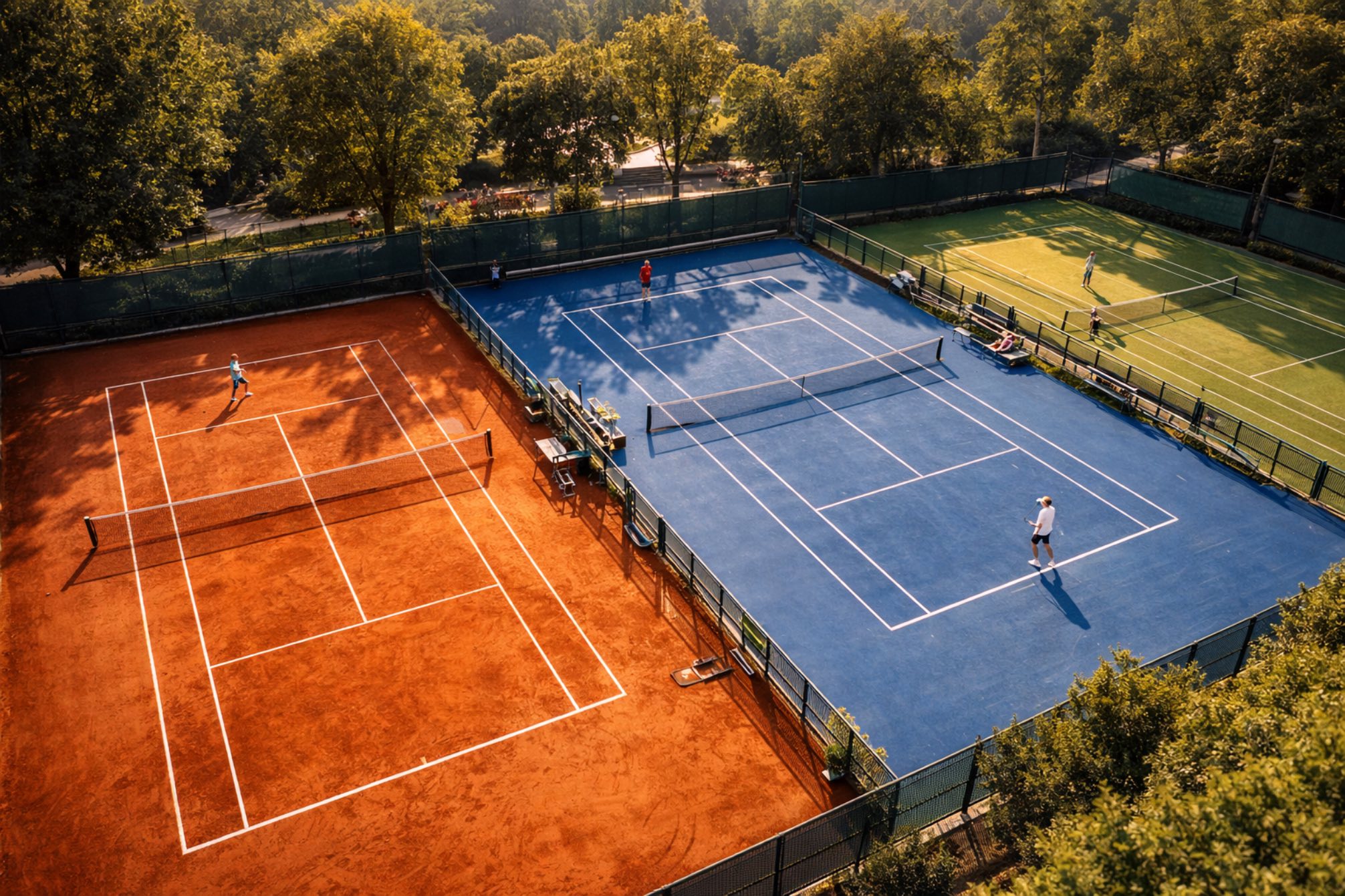 Vue aérienne d'un complexe de tennis avec plusieurs courts sur différentes surfaces