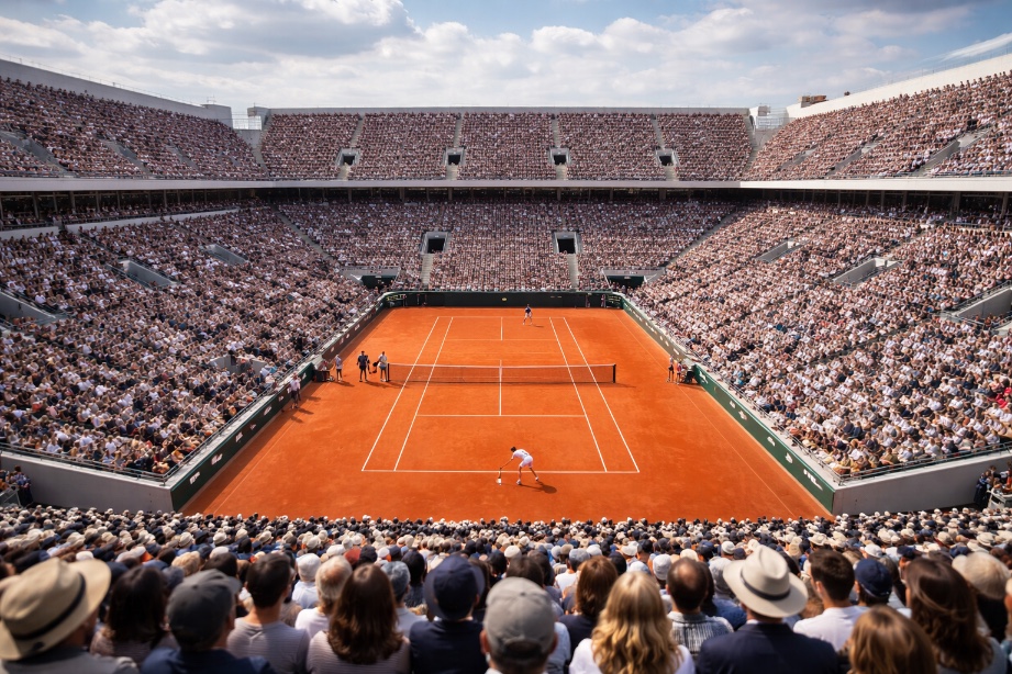 Court central de Roland-Garros en terre battue avec les tribunes remplies de spectateurs