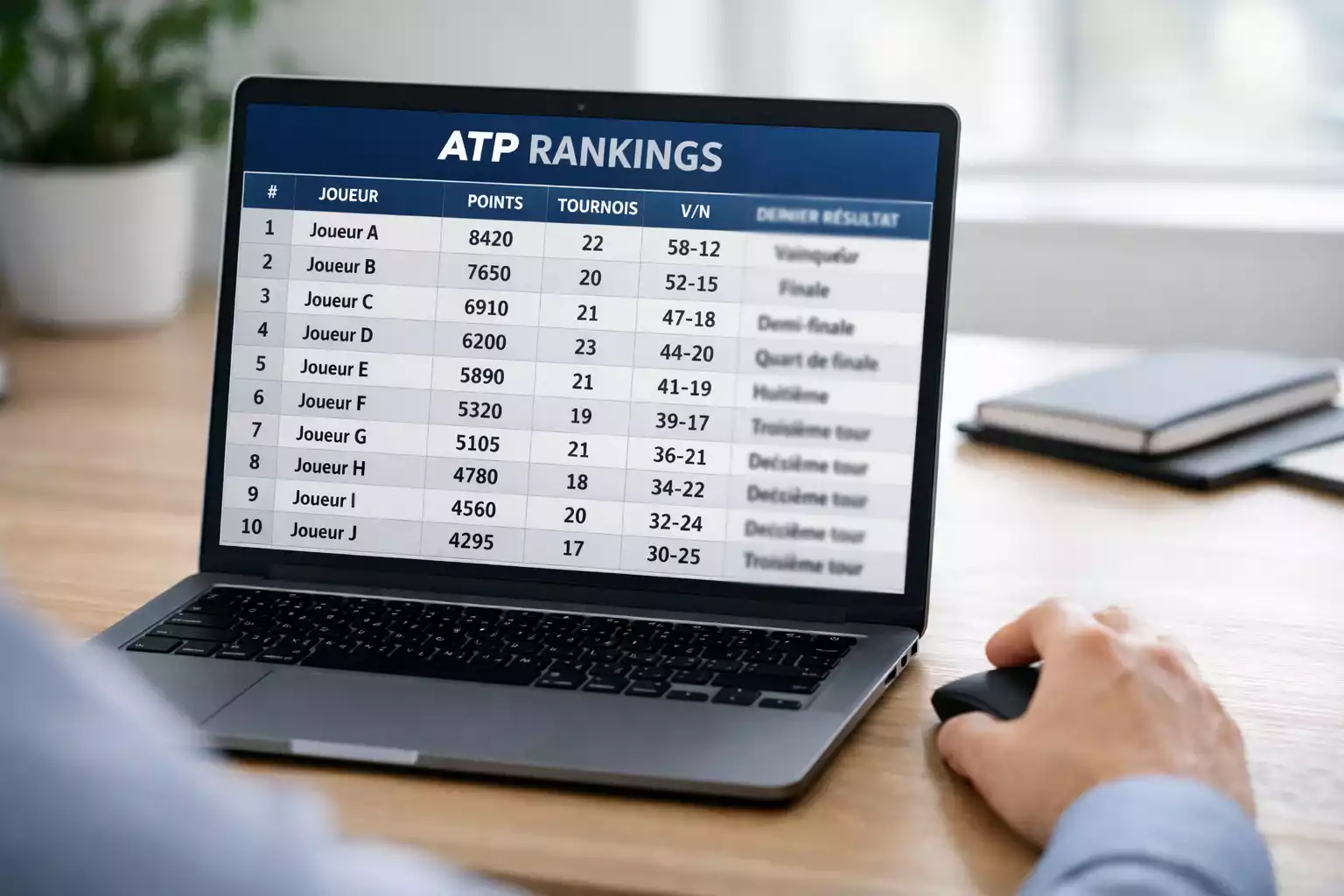 Classement ATP affiché sur écran avec statistiques de joueurs