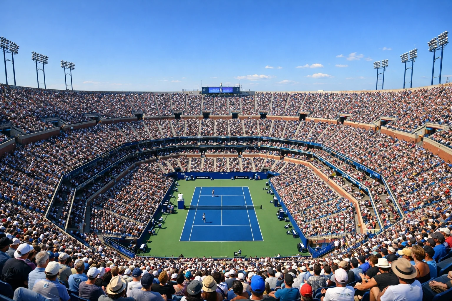 Vue panoramique d'un stade de tennis lors d'un tournoi