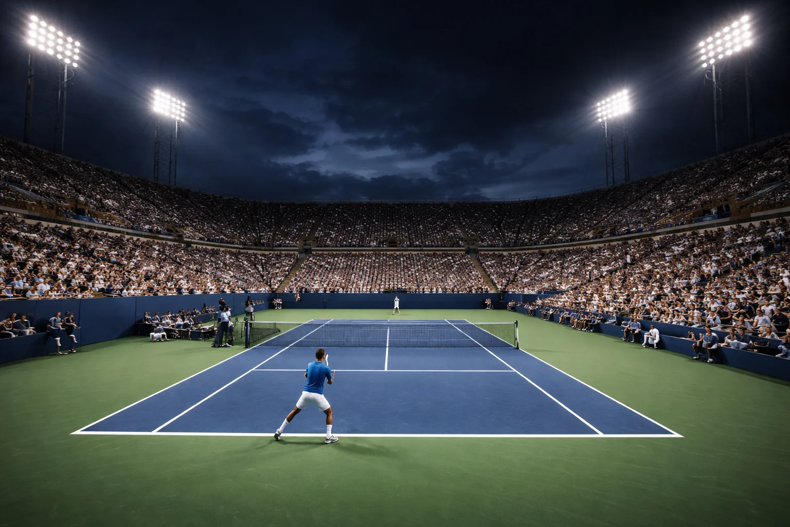 Court de tennis éclairé pour un match en soirée