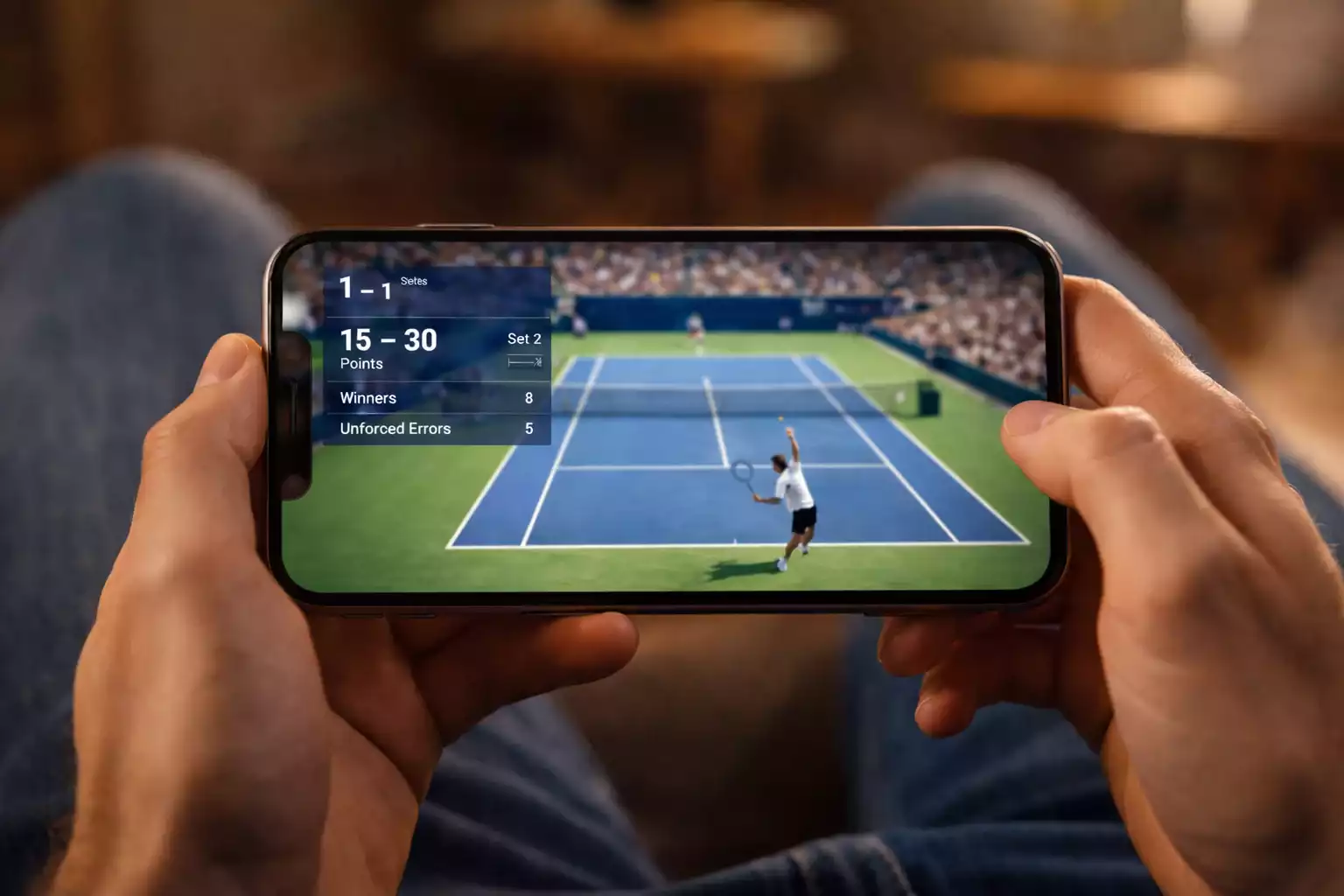 Personne regardant un match de tennis sur smartphone avec statistiques en direct
