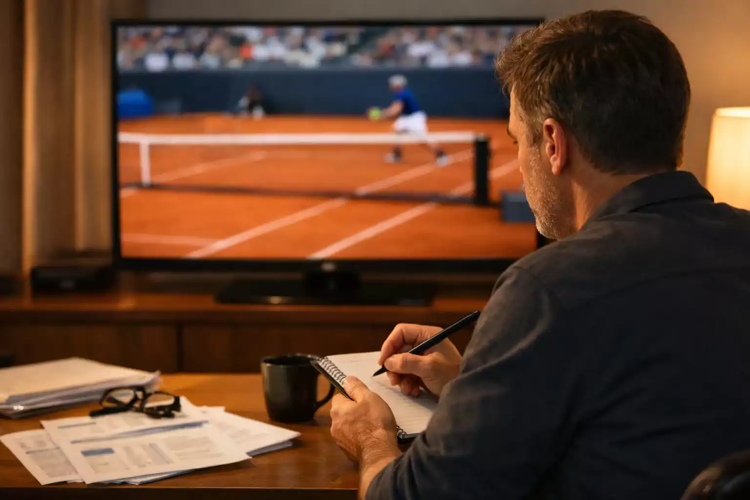 Analyste sportif prenant des notes devant un match de tennis