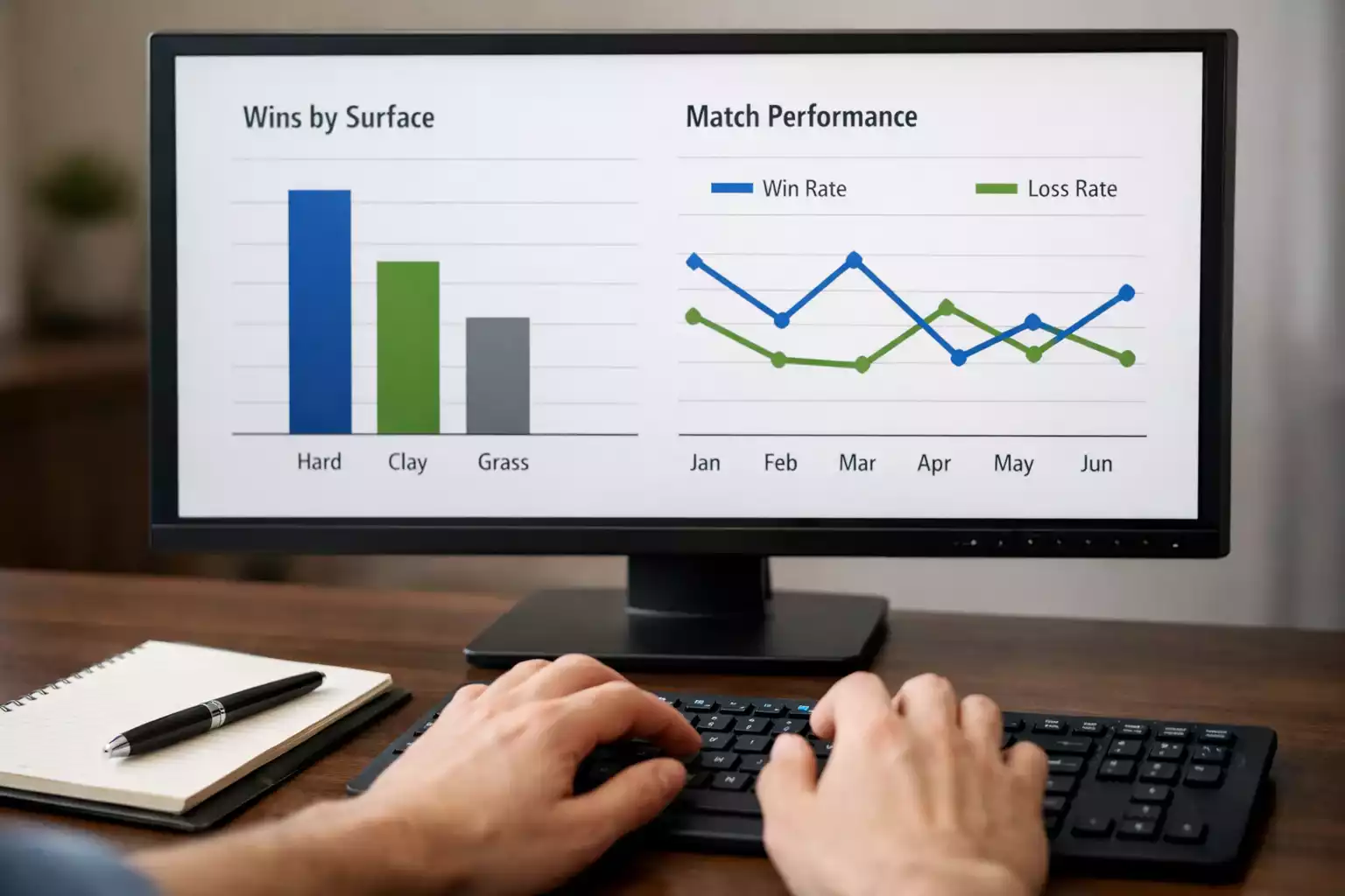 Écran d'ordinateur montrant des graphiques de performance tennis