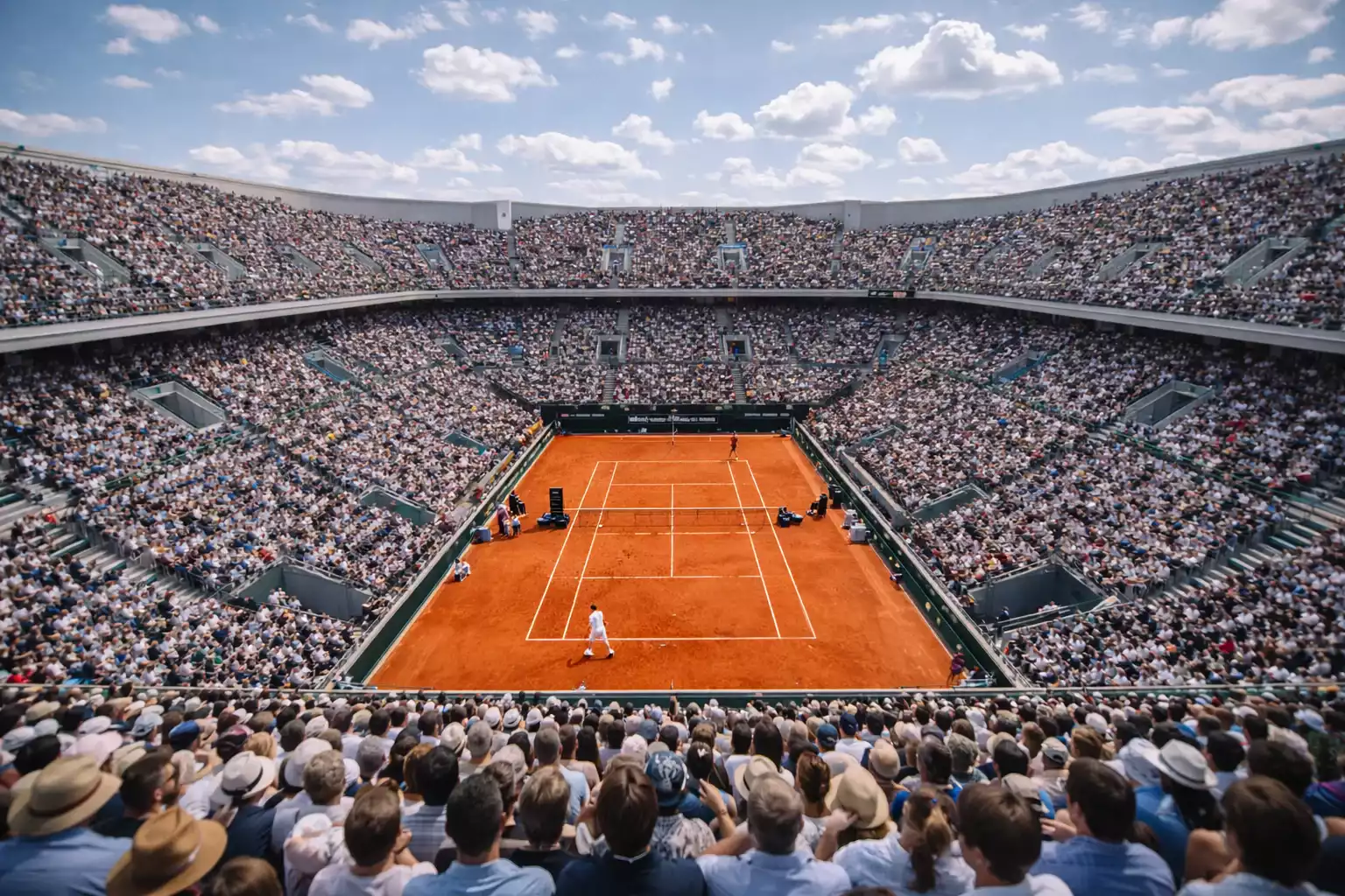 Stade de tennis rempli de spectateurs lors d'un tournoi du Grand Chelem